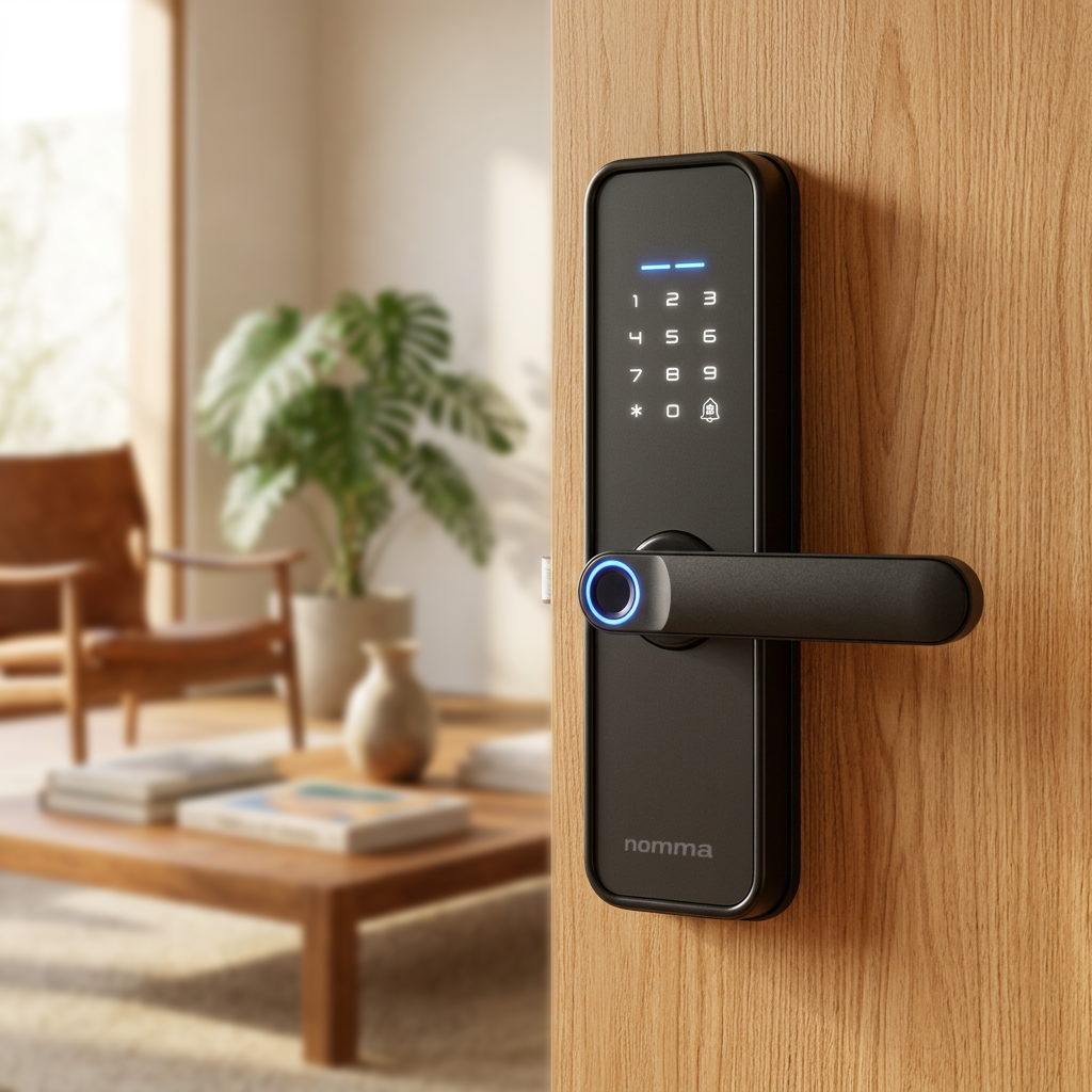 Fechadura Digital Smart Lock — Nomma, instalada em porta de madeira